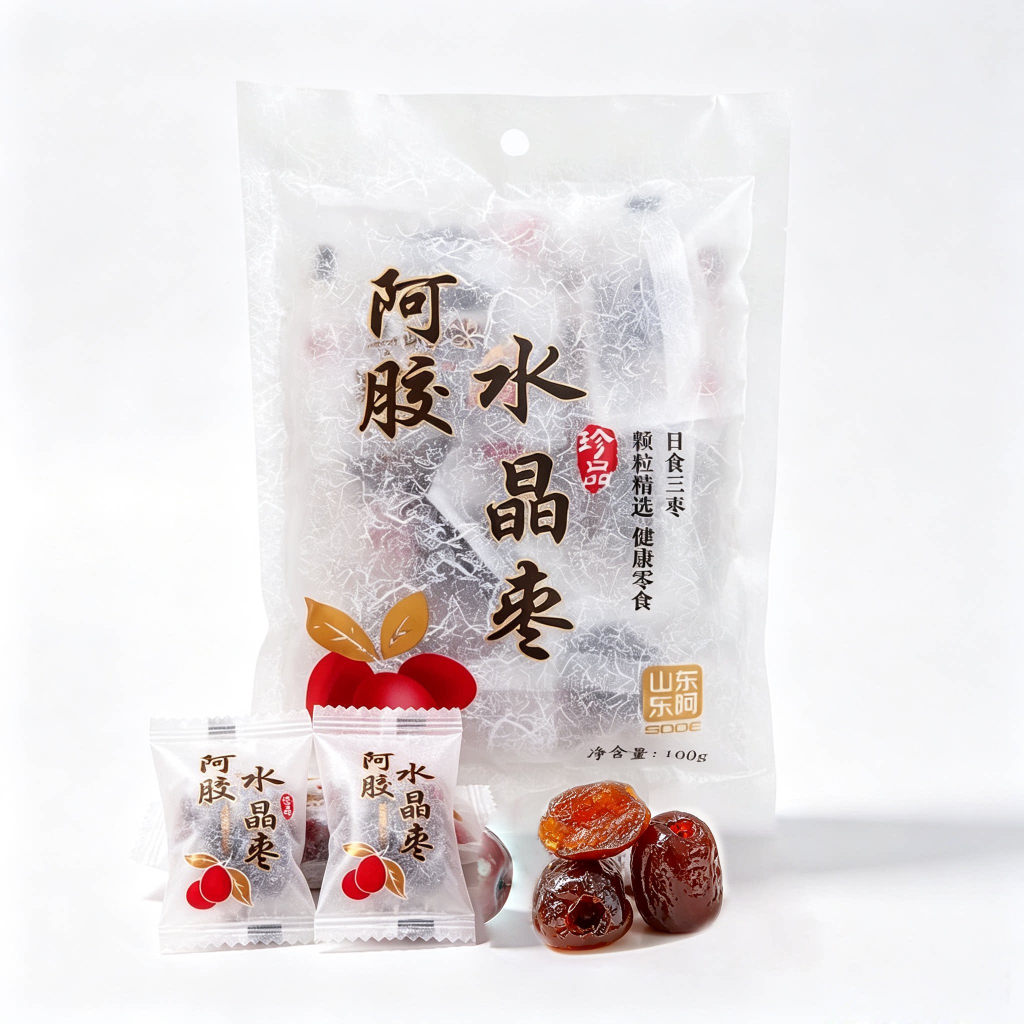 山东东阿县阿胶水晶枣100g果干零食小袋包装金丝阿胶蜜枣红枣袋装