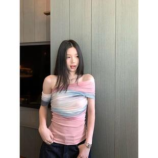 女夏甜辣妹晕染小众设计修身 王少女露肩网纱针织衫 斜肩一字肩上衣