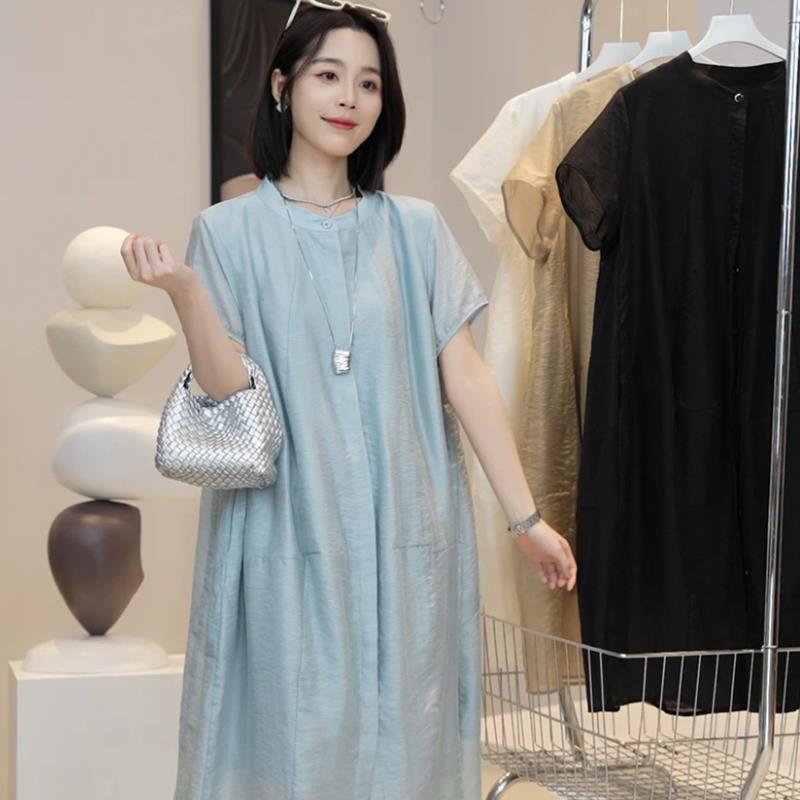天丝亚麻高级感减龄短袖连衣裙女夏季裙子大码休闲宽松显瘦中长裙