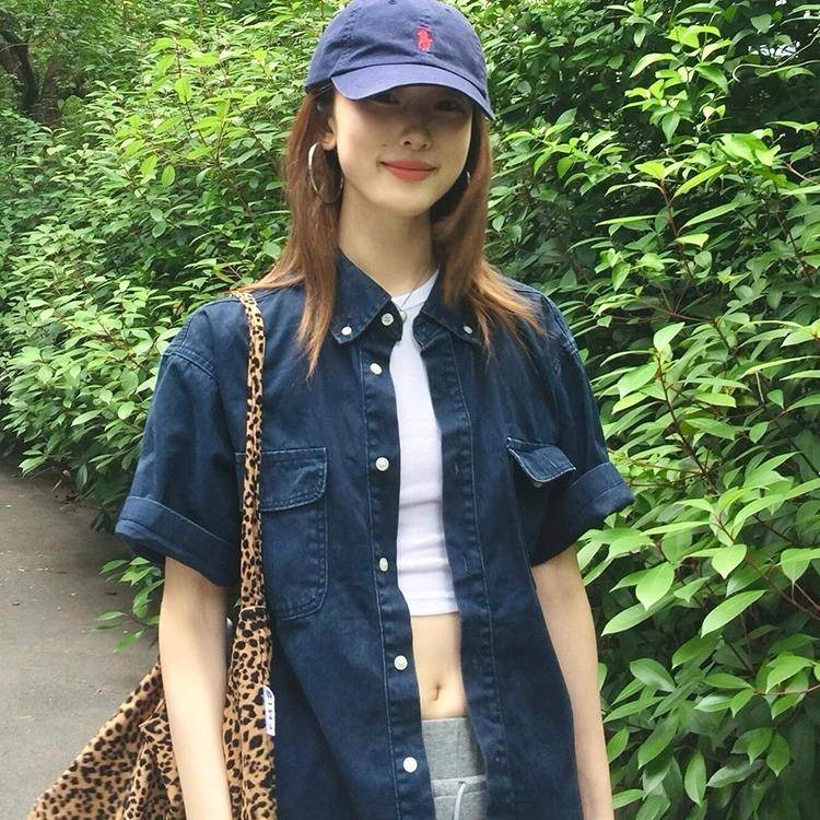 复古短袖衬衫女夏季宽松百搭古早日杂穿搭男女款水洗牛仔衬衣外套