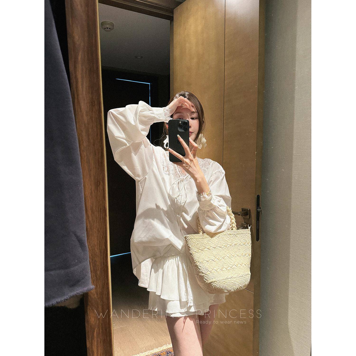 钱美西 水溶蕾丝法式浪漫拼接衬衫蝴蝶结系带设计款V领休闲上衣女