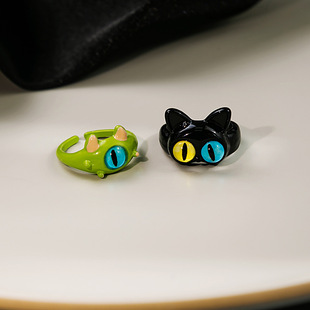 古灵精怪小黑猫搞怪大眼仔开口戒指甜酷卡通可爱闺蜜情侣指环饰品