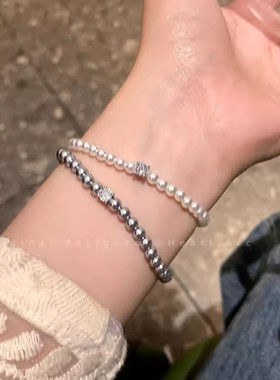韩系珍珠锆石手链女小众设计感细款简约通勤手饰百搭闺蜜手串配饰