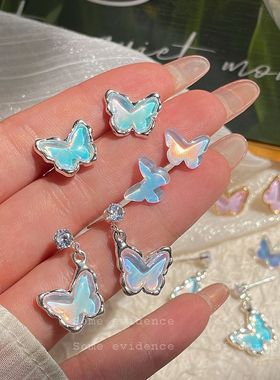 wan夏季海盐镭射冰透蝴蝶耳环女银针小众仙气甜美清新气质耳饰