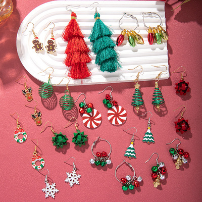 欧美套装圣诞节耳环彩色灯泡铃铛耳环圣诞树耳饰圣诞饰品流苏耳环