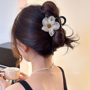 精致网纱水钻花朵抓夹女气质鲨鱼夹高级感半扎发夹头饰丸子头发卡