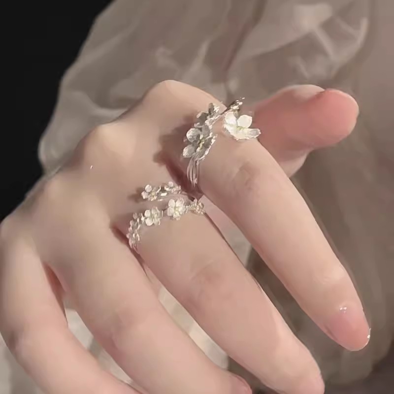 花朵戒指女鸢尾花古风法式复古茉莉花指环开口食指戒蝴蝶山茶花