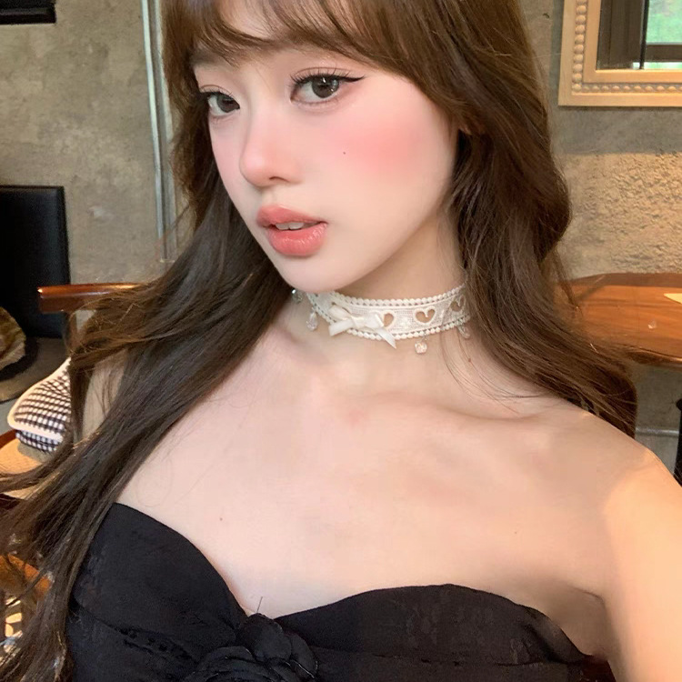 网红镂空爱心蕾丝项链蝴蝶结项圈颈链透明水晶吊坠甜酷锁骨链女