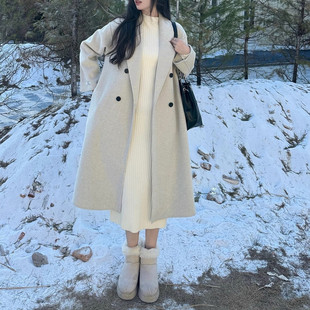 高端燕麦色双面呢大衣西装领宽松小个子中长款毛呢子外套