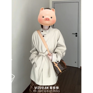 韩系撞色立领风衣女2025秋冬新款小个子收腰显瘦绝美短款大衣外套