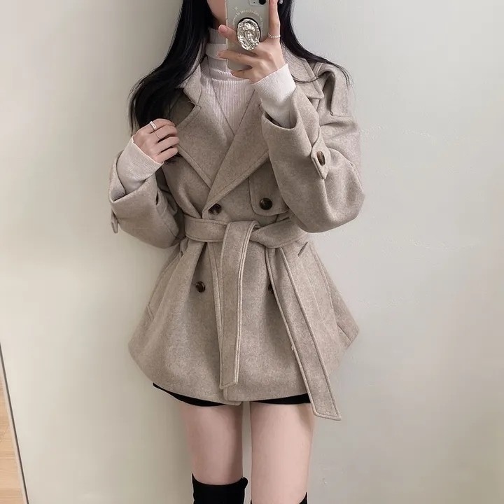 商场同款法式小众气质英伦复古双排扣系带毛呢风衣外套大衣,女装/女士精品,毛呢外套,淘宝优惠券,粉丝福利购,淘宝优惠卷