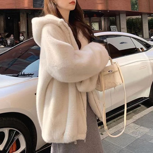 新款水貂绒环保皮草外套女皮毛一体中长款宽松毛绒连帽大衣