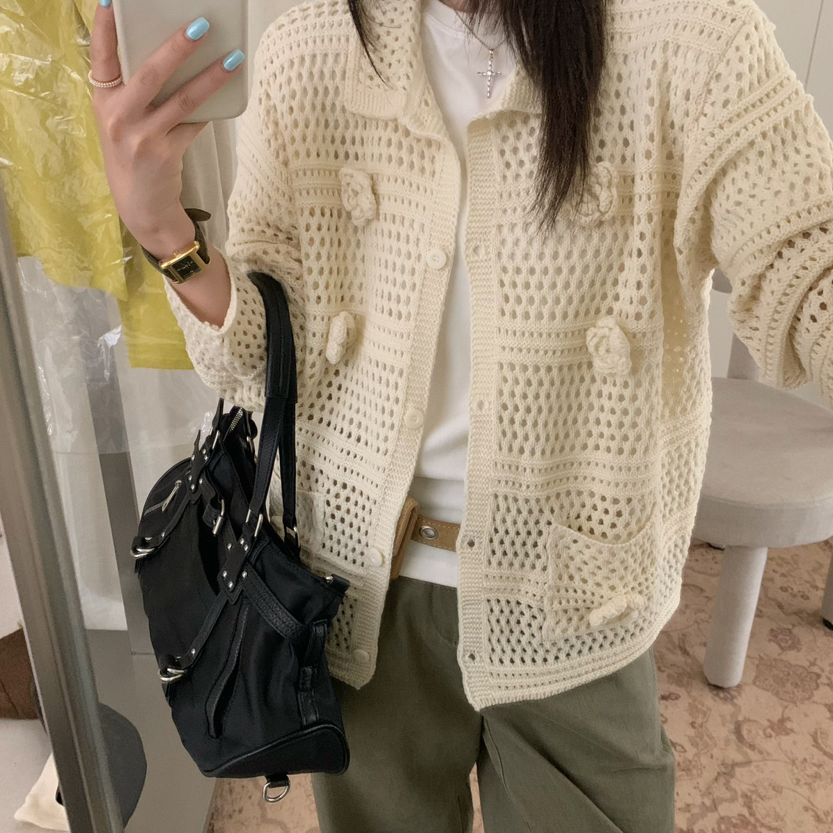秋季韩系慵懒镂空针织开衫手工立体花朵宽松温柔风女士长袖毛衣