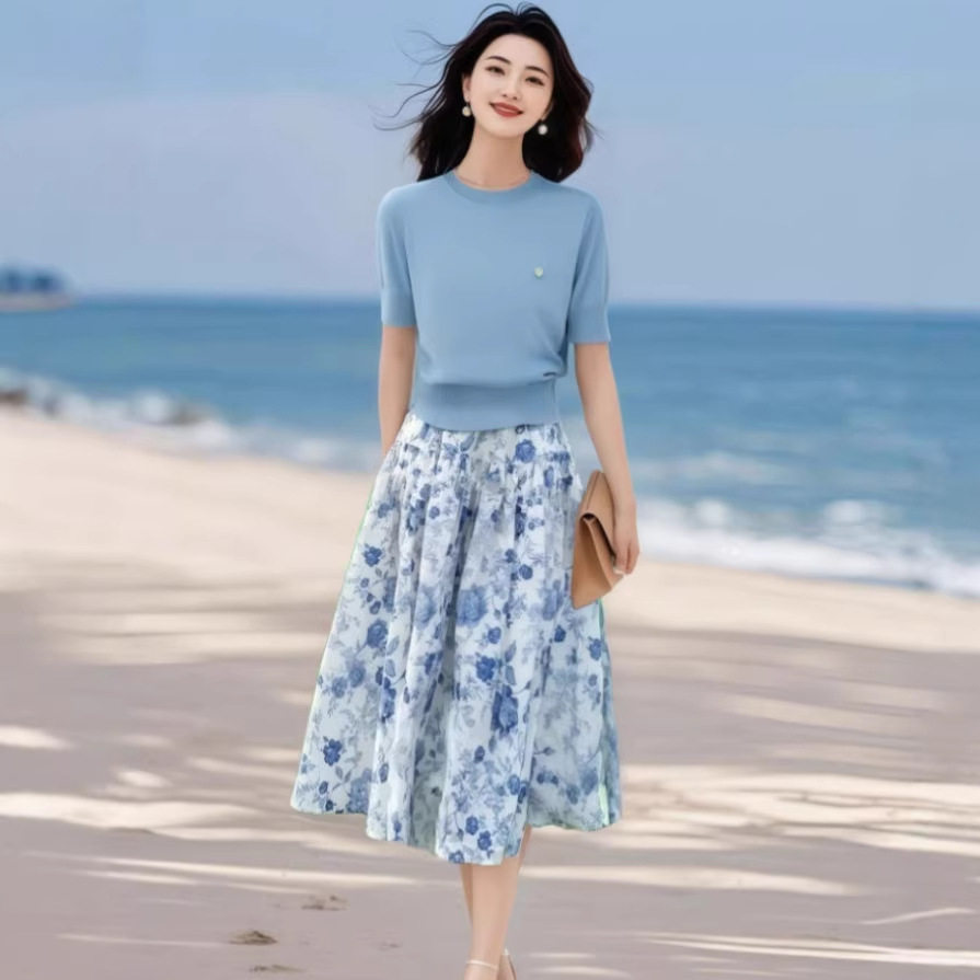 优雅复古薄款针织衫水墨印花半身裙2026夏新款松紧腰碎花裙两件套