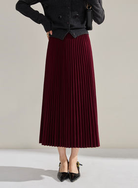 26春季安可拉红百褶中长裙通勤百搭高腰遮肉显瘦压褶半身裙15886