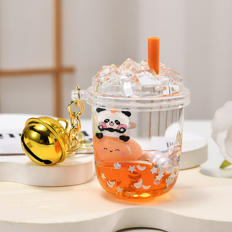 创意卡通流沙入油瓶熊猫漂浮瓶汽车钥匙扣情侣包包挂件小配饰