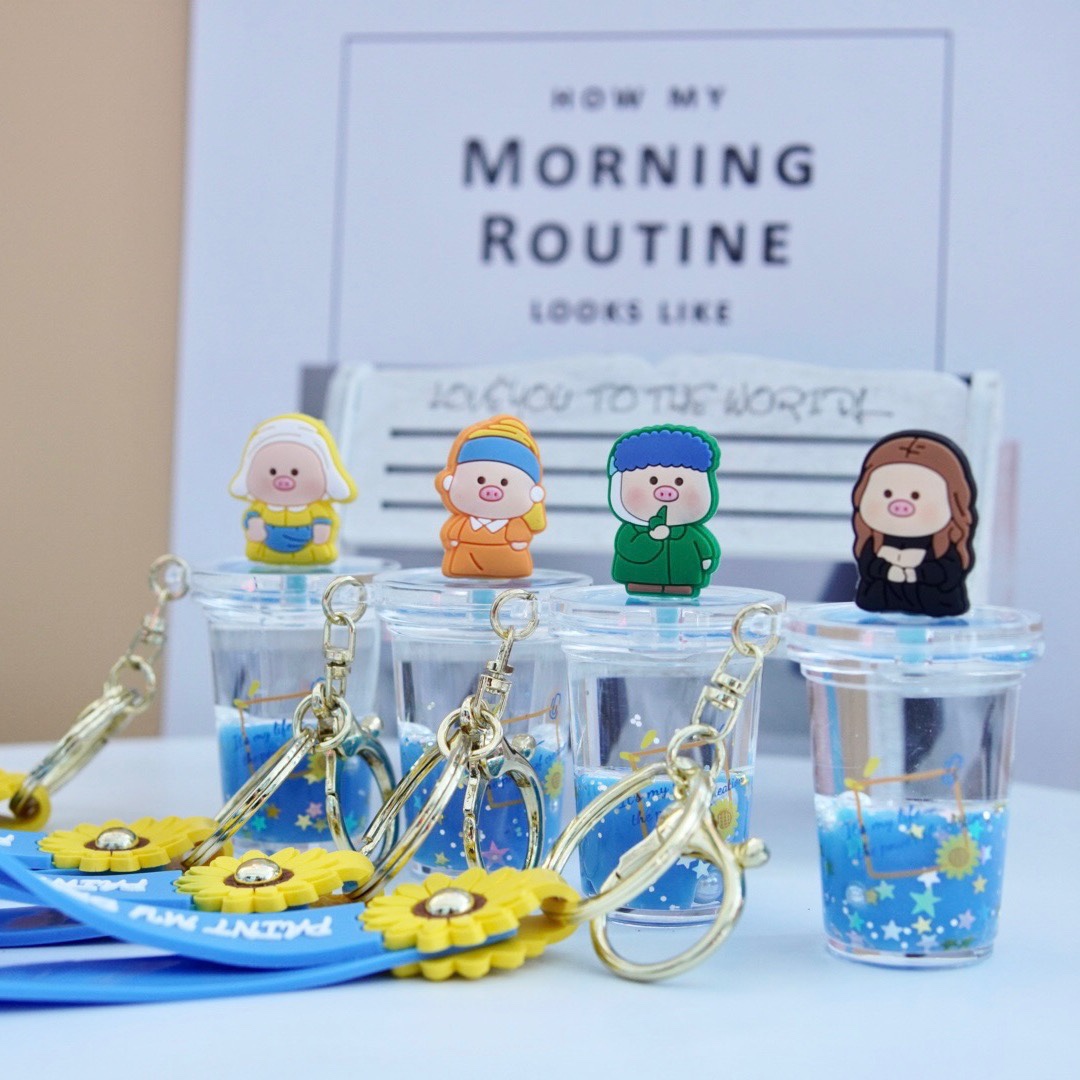 卡通奶茶杯名画入油钥匙扣书包钥匙挂件生日礼物钥匙链情侣款礼品