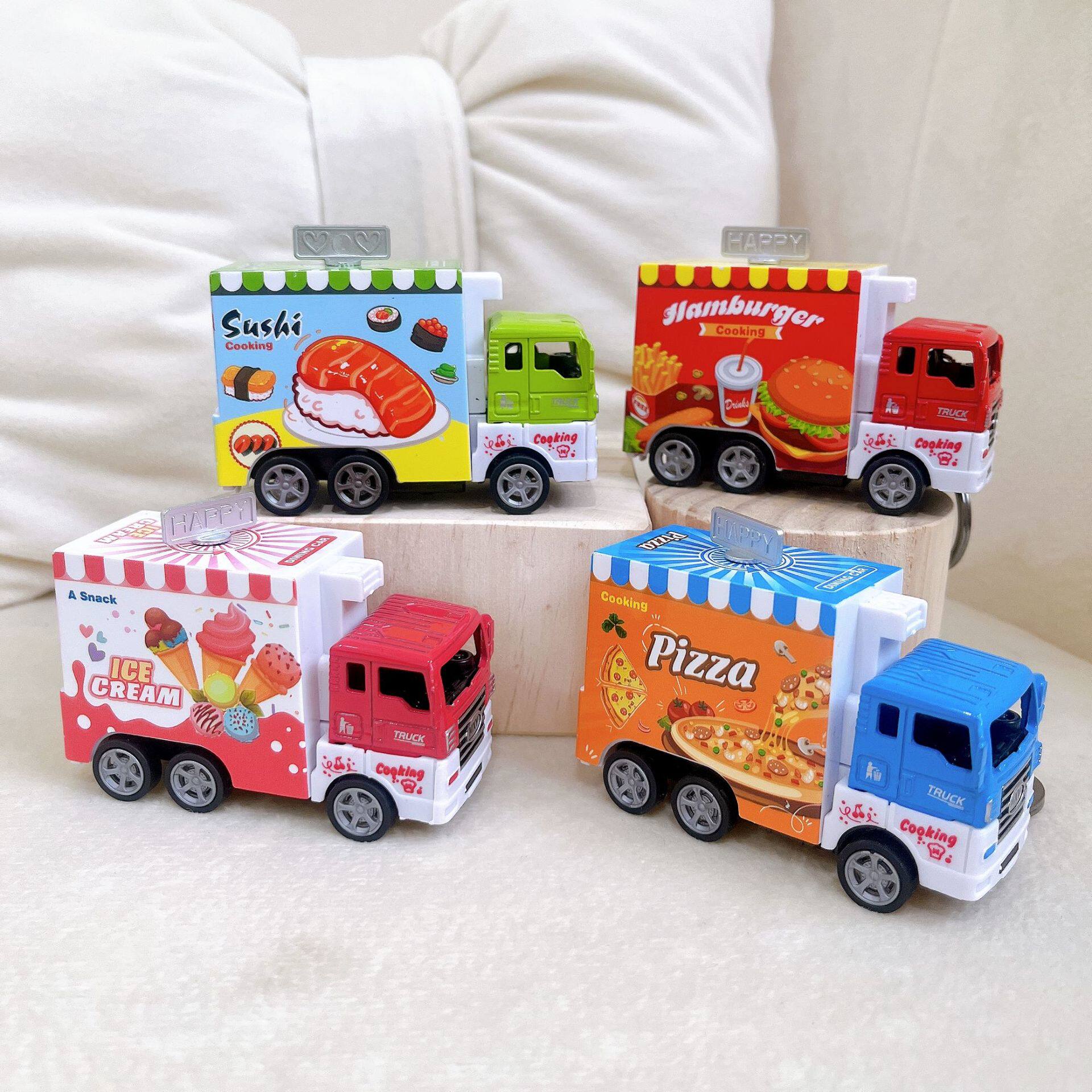 迷你合金回力卡通餐车咖啡雪糕快餐牛奶披萨车钥匙扣儿童玩具货源