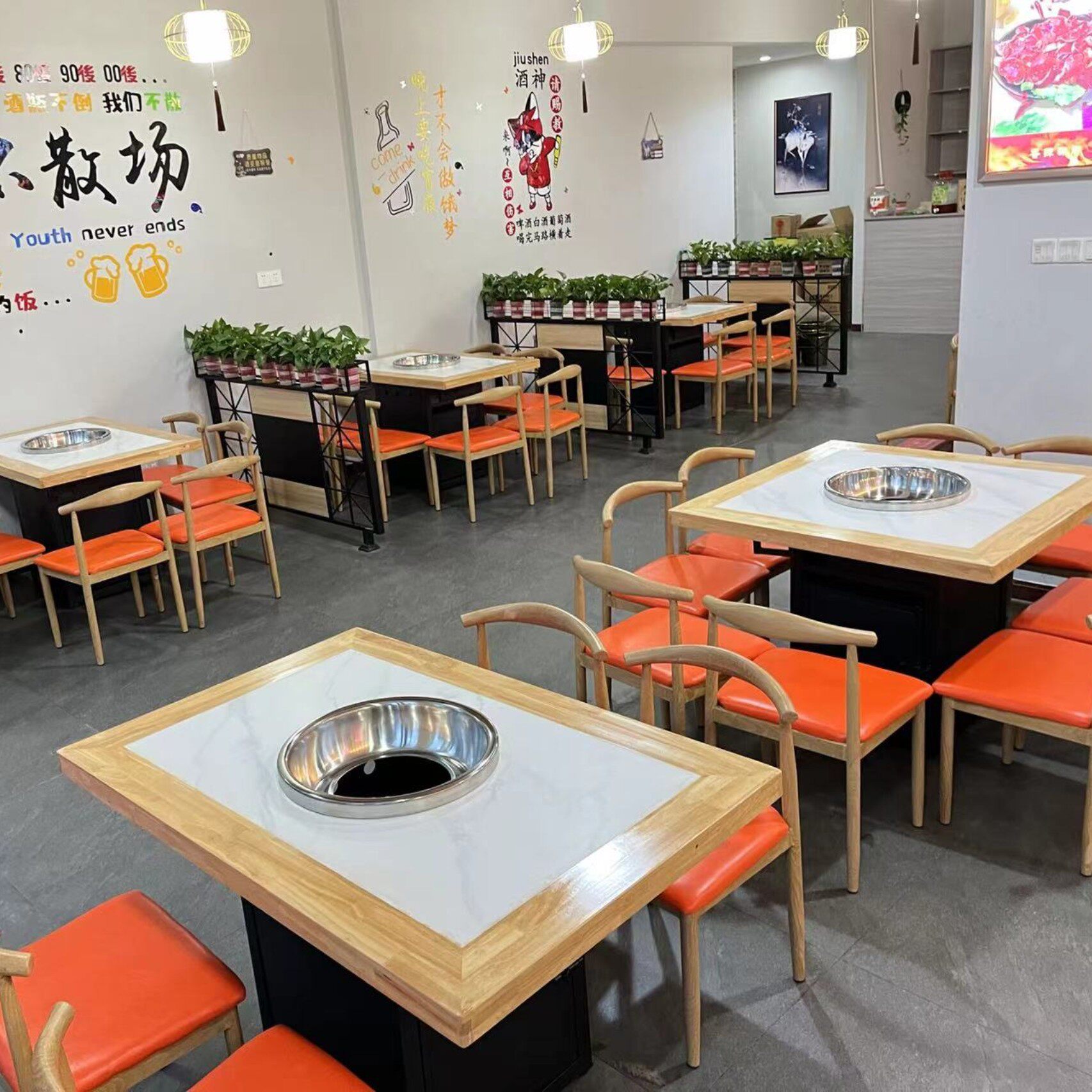 实木岩板大理石火锅餐桌椅组合烧烤烤肉自助餐厅桌子卡座沙发商用