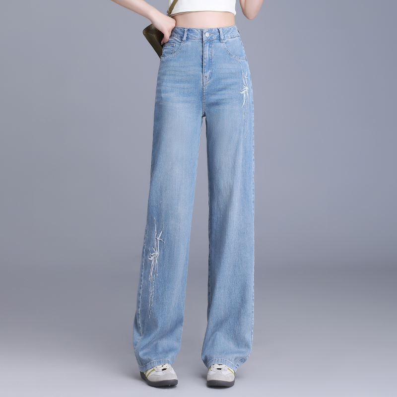 莱赛尔天丝牛仔阔腿裤女2025新款夏季薄款高腰垂感窄版刺绣直筒裤