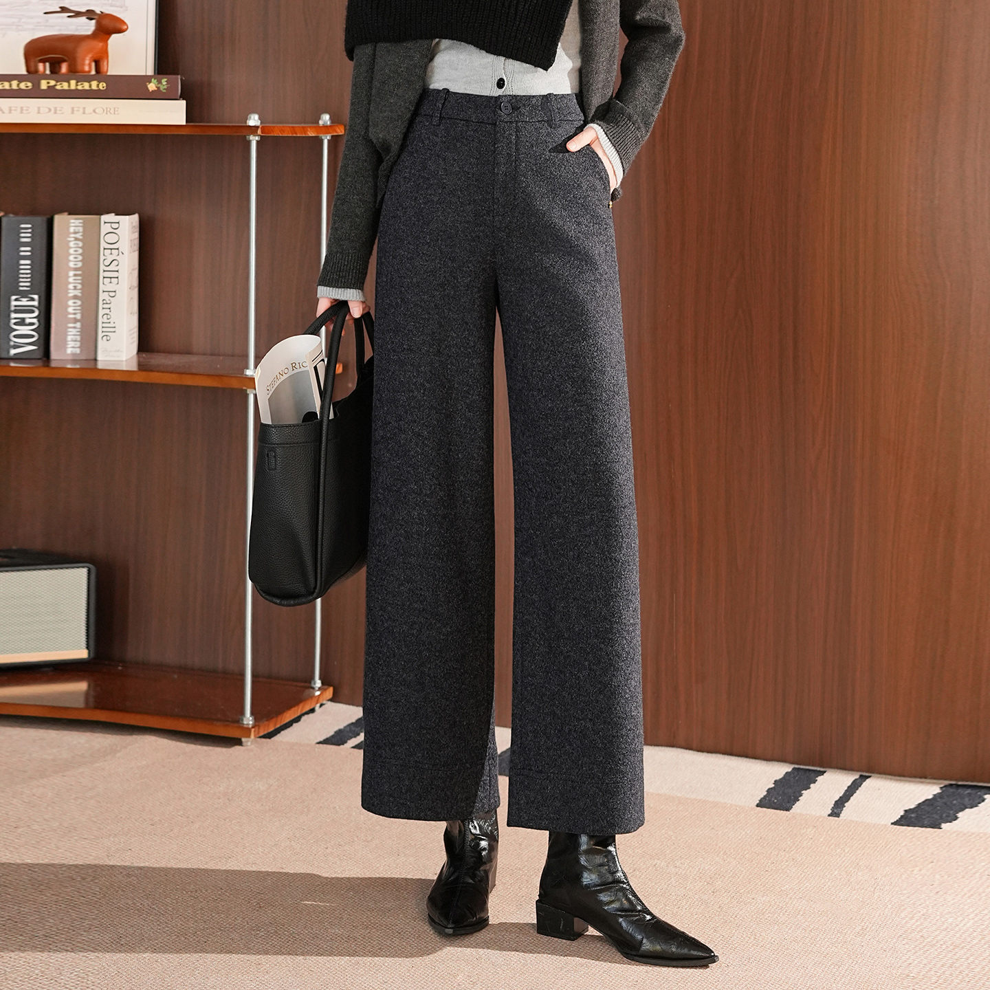 羊毛呢阔腿裤女秋冬新款高腰垂感中年妈妈休闲裤小个子九分直筒裤