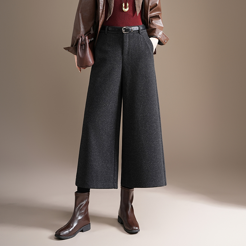 毛呢阔腿裤女秋冬季新款高腰小个子加厚直筒裤宽松垂感休闲八分裤