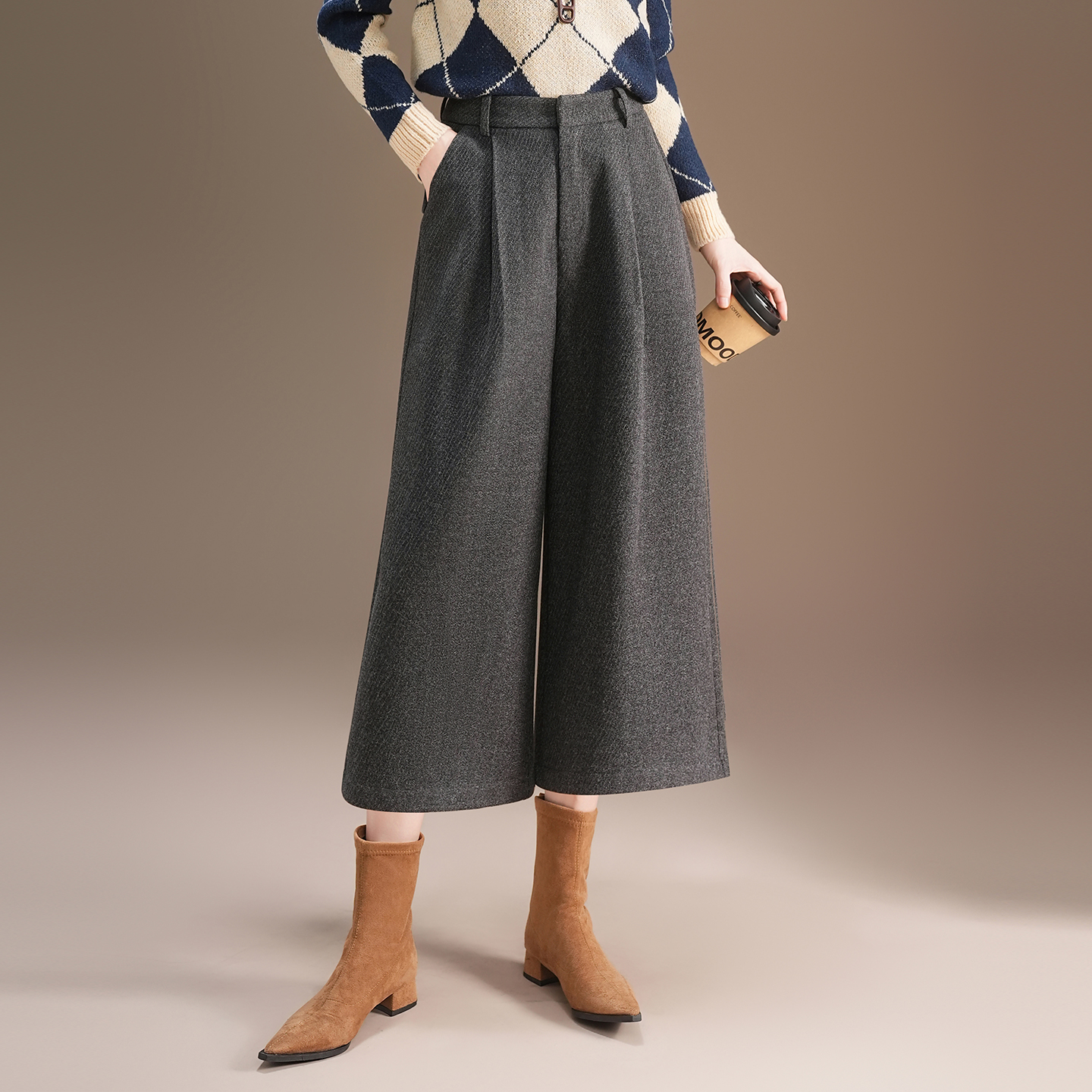 毛呢八分阔腿裤女士秋冬新款配靴穿裤子高腰洋气小个子宽松直筒裤