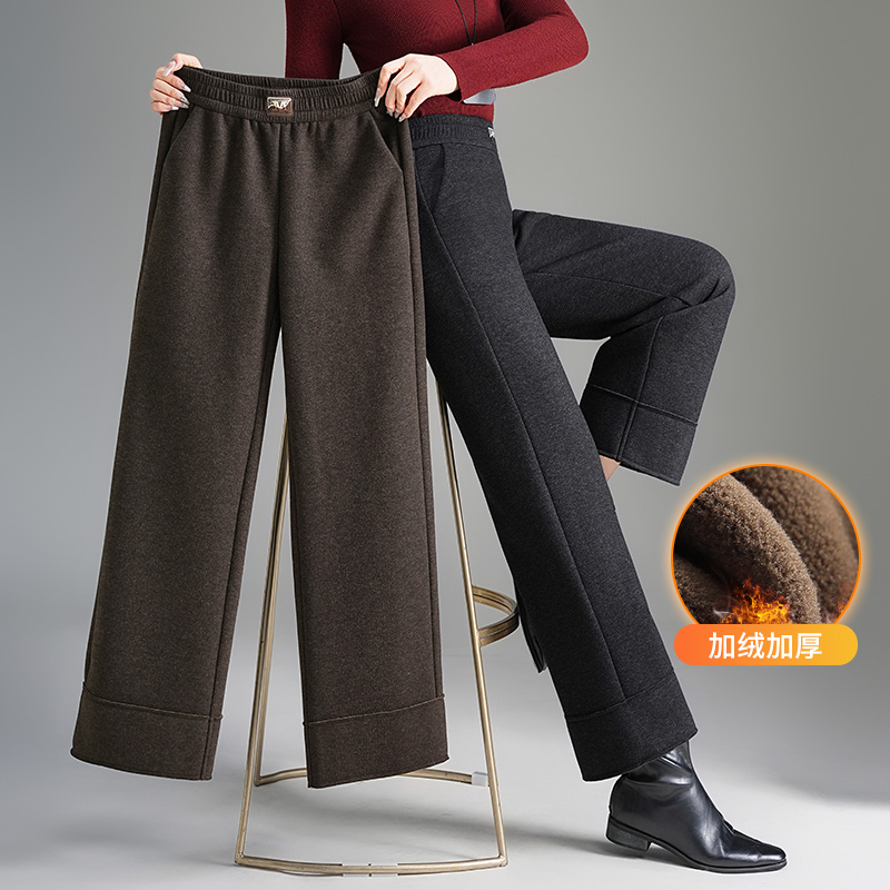 羊毛呢阔腿裤女秋冬季加绒加厚松紧高腰宽松小个子显瘦九分直筒裤