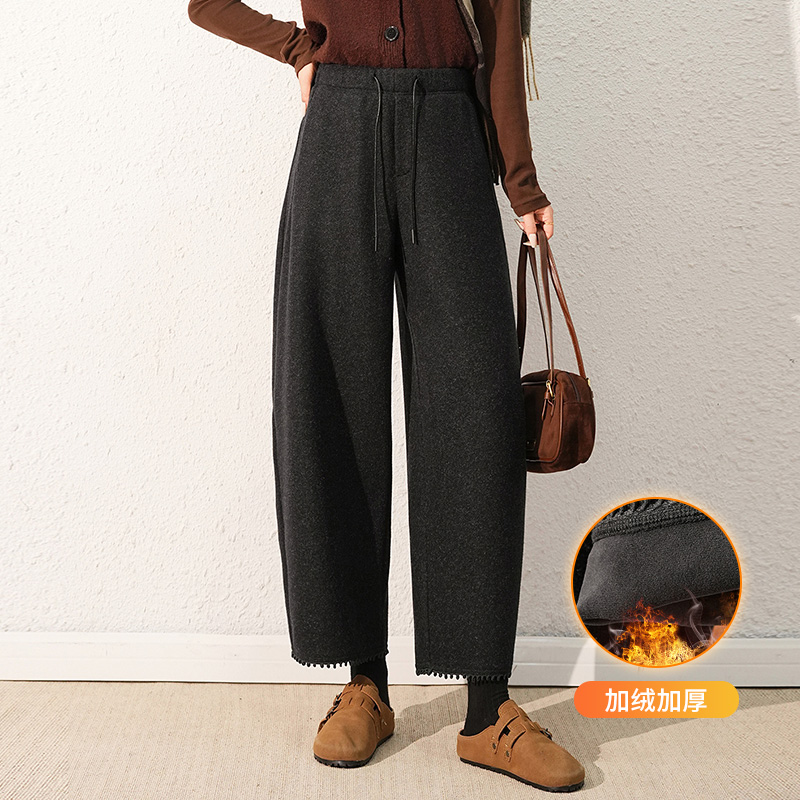 加绒毛呢弯刀裤女秋冬2025新款松紧高腰阔腿宽松小个子显瘦哈伦裤