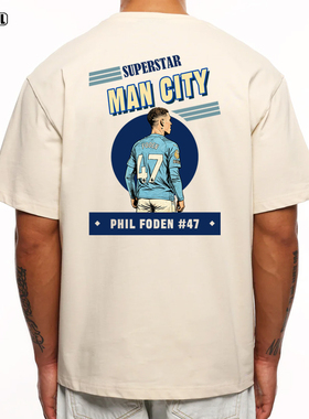 曼城 福登 T恤FODEN足球47号美式复古创意插画重磅纯棉休闲短袖