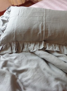 蓝色灰色绿色 亚麻被套  荷叶边纯亚麻床品  可定做枕套床单床笠