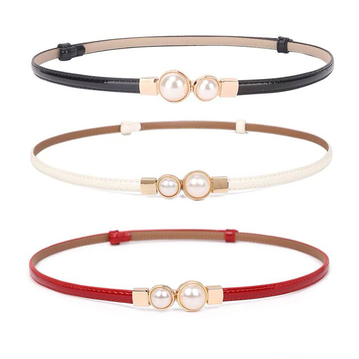 高级感镜面亮面黑色腰带女细对扣装饰裙子百搭珍珠女士西装小皮带