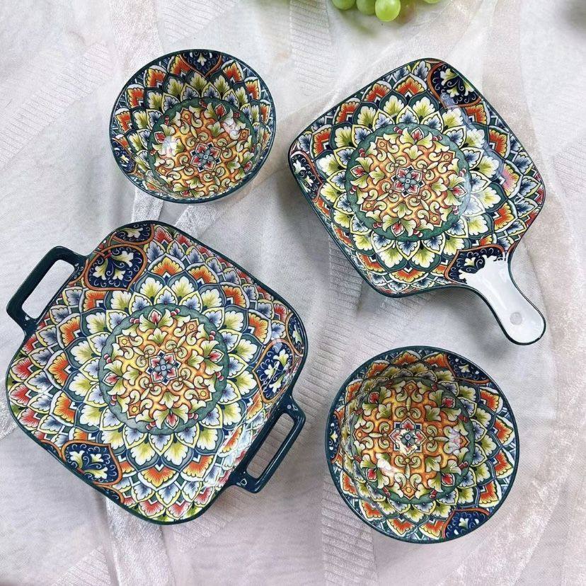 波西米亚餐具陶瓷米饭碗方盘手柄盘4件套家用釉下彩微波炉适用MM,餐饮具,碗,淘宝优惠券,粉丝福利购,淘宝优惠卷