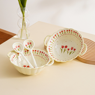 田园风情汤碗2碗2勺家用陶瓷吃饭沙拉碗甜品双耳少女心泡面碗ml