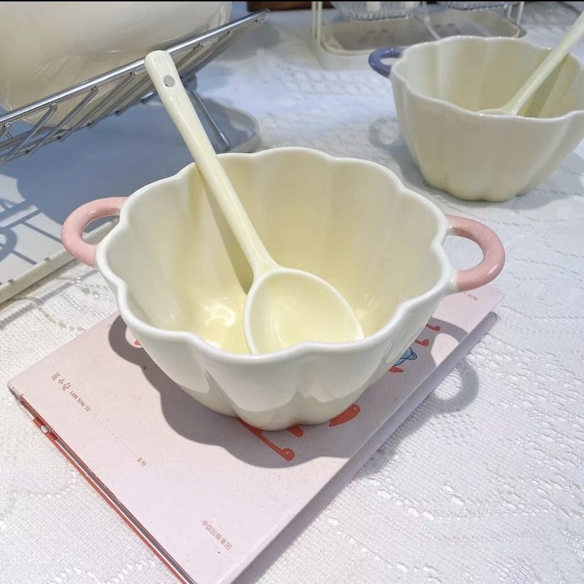 奶fufu宿舍餐具可爱少女粉南瓜碗吃饭陶瓷花边家用ins风双耳碗,餐饮具,碗,淘宝优惠券,粉丝福利购,淘宝优惠卷