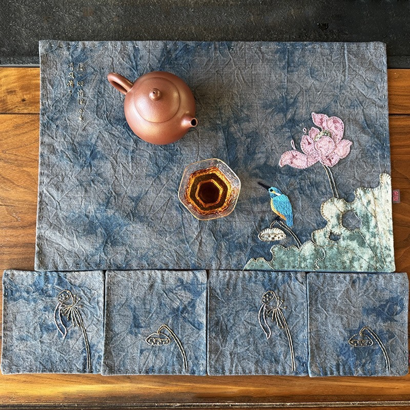 刺绣棉麻茶垫鲁绣禅意手工diy材料包客厅吸水杯垫套装中国风茶席