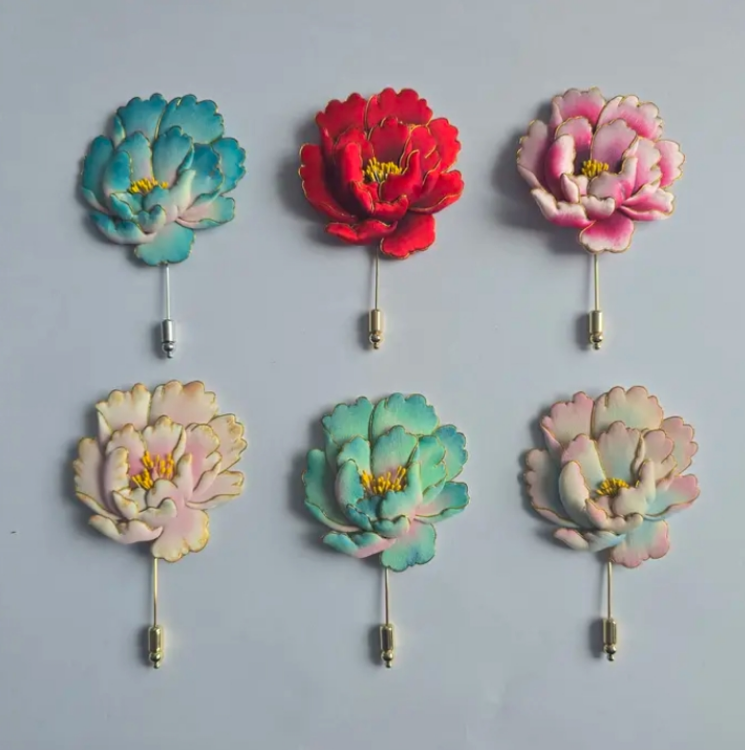 非金属布艺胸针 布糊画牡丹花胸针中国风古典手作