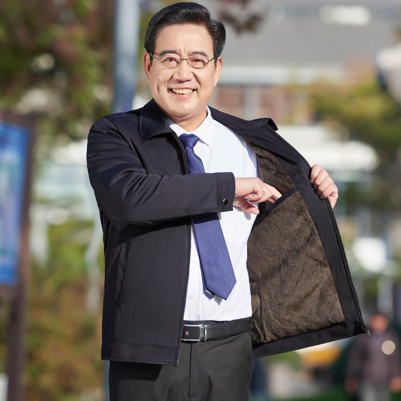 春秋季爷爷装上衣老人夹克衫爸爸装秋冬装中老年宽松加绒外套男装