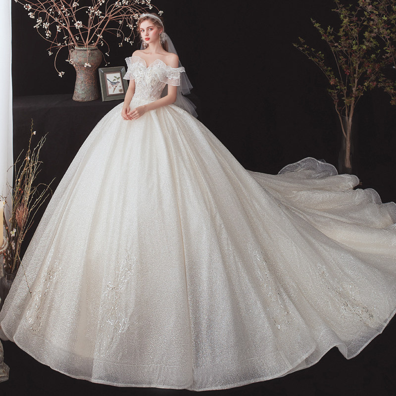 一字肩婚纱礼服2020新款气质新娘女森系小个子超仙法式星空拖尾轻