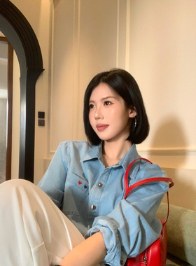 甜辣多多 2026春季百搭显瘦通勤上衣女翻领刺绣休闲牛仔衬衫S2632