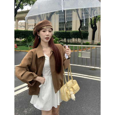 甜辣多多【西野暮色】2025秋外套女工艺磨砂皮料翻领宽松版皮夹克