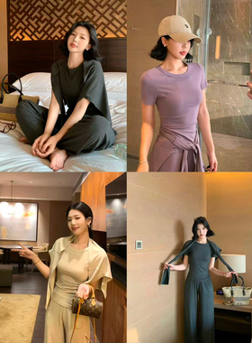 甜辣多多  2026春夏圆领修身T松紧腰显瘦长裤披肩三件套女S2610