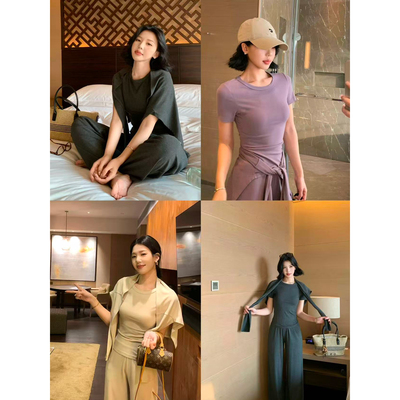 甜辣多多  2026春夏圆领修身T松紧腰显瘦长裤披肩三件套女S2610