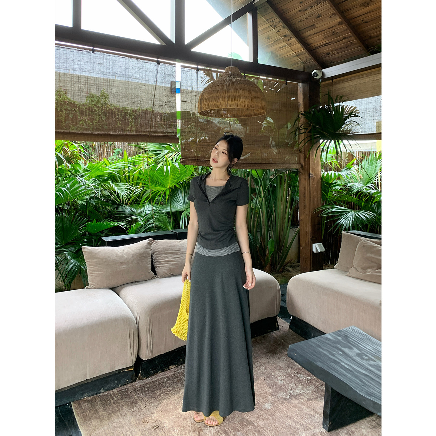 甜辣多多莫代尔套装2026年夏假两件短袖连帽T恤半身裙两件套S2763