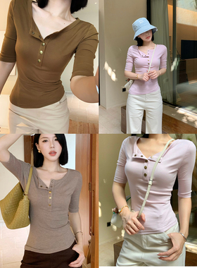 甜辣多多 圆领中袖t恤女2026年春夏纯色纽扣修身显瘦上衣女S2670