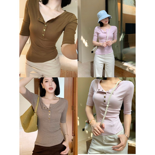 甜辣多多 圆领中袖t恤女2026年春夏纯色纽扣修身显瘦上衣女S2670