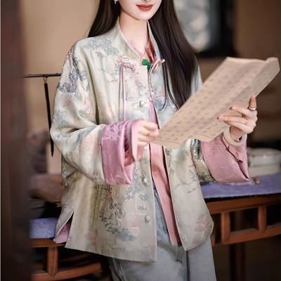 新中式国风篙端线：亭台楼阁-外套/重工刺绣仿桑蚕丝绣花上衣女秋