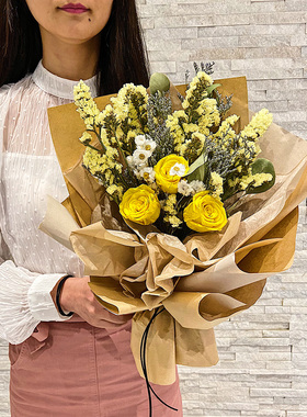 黄玫瑰永生花干花花束风干真花黄色天然毕业拍照送闺蜜生日上海