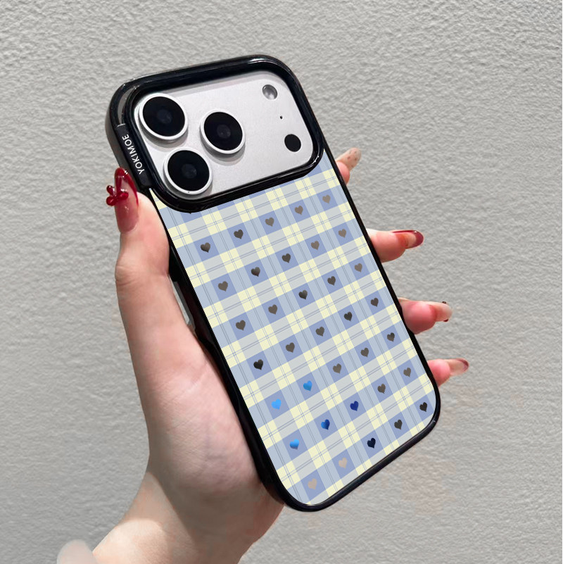 经典百搭爱心格纹适用苹果手机壳17promax新款/贝贝壳16pro亚克力15por女款16镜面14相机按键全包13磁吸防摔