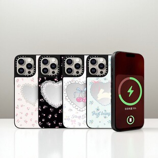 碎花爱心镜面苹果手机壳适用于iPhone17PROMax全包型16防摔15明星同款14磁吸13时尚潮流12高级感11彩绘保护套